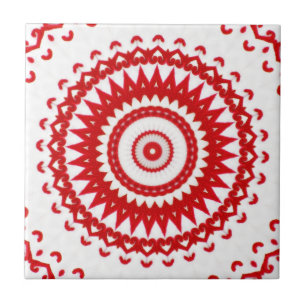 Elegant White Red Scandinavian Folk Lace Textile Ceramic Tile