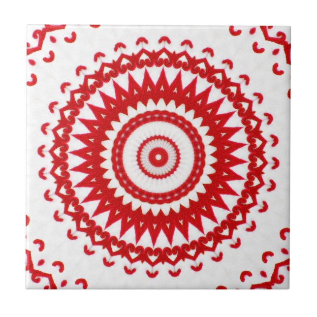 Elegant White Red Scandinavian Folk Lace Textile Ceramic Tile (Front)