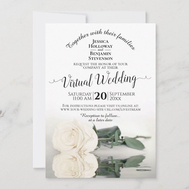 Elegant White Reflecting Rose Virtual Wedding Invitation (Front)