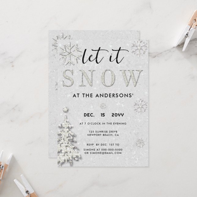 Elegant White Rhinestone Holiday Let It Snow Party Invitation (Front/Back In Situ)