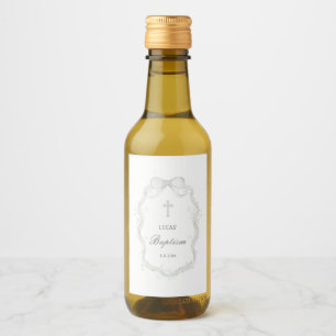 Elegant White Ribbon Baby's Breath Baptism Wine Label