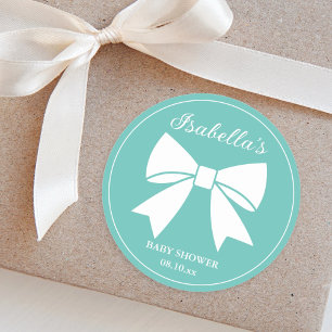 Elegant White Ribbon Bow Teal Blue Baby Shower Classic Round Sticker