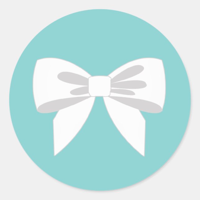 Elegant White Ribbon on Teal Blue Classic Round Sticker (Front)