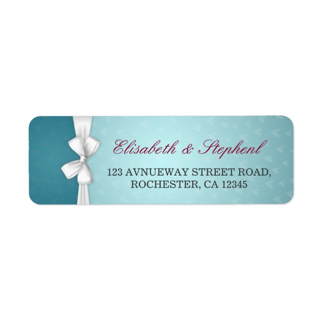 Elegant White Ribbon Turquoise Wedding Address Return Address Label (Front)