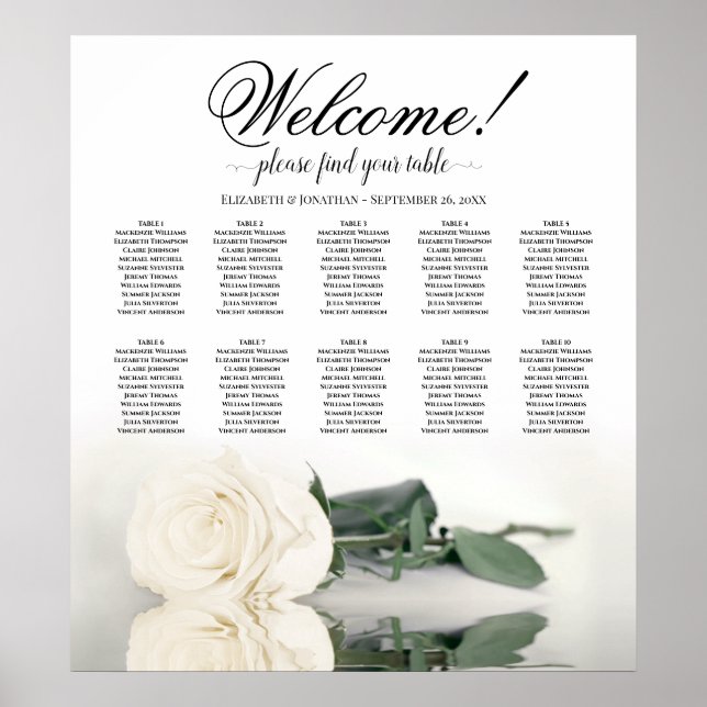 Elegant White Rose 10 Table Wedding Seating Chart (Front)