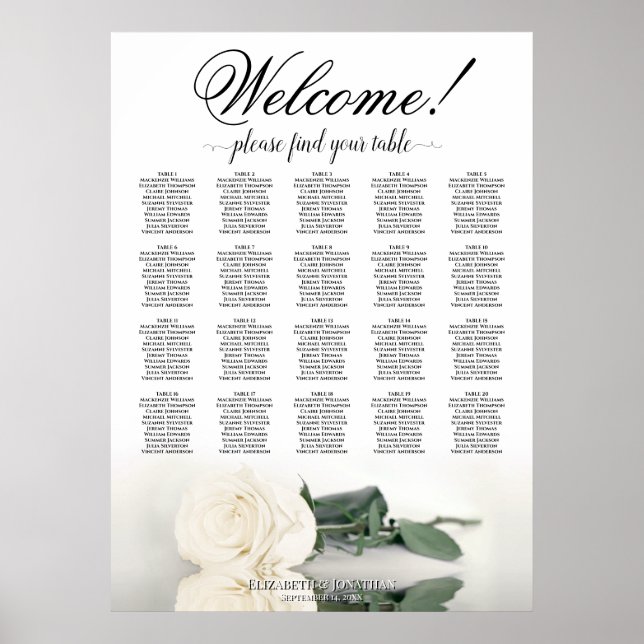 Elegant White Rose 20 Table Wedding Seating Chart (Front)