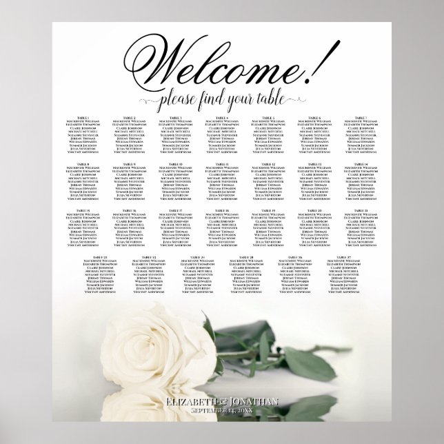 Elegant White Rose 27 Table Wedding Seating Chart (Front)
