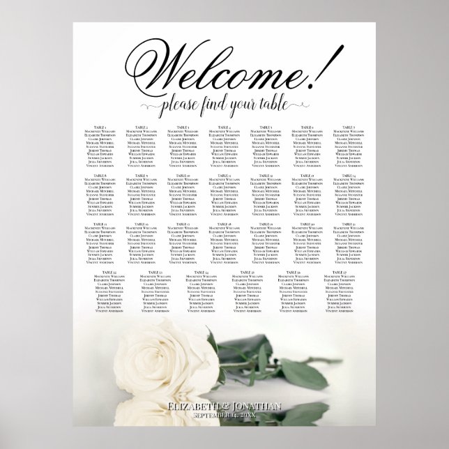 Elegant White Rose 27 Table Wedding Seating Chart (Front)