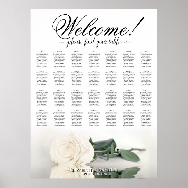 Elegant White Rose 28 Table Wedding Seating Chart (Front)
