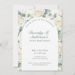 Elegant White Rose 95th Birthday Party Invitation