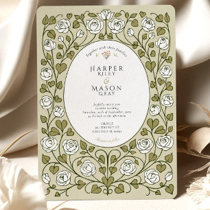 Elegant White Rose and Green Heart Wedding Invitation