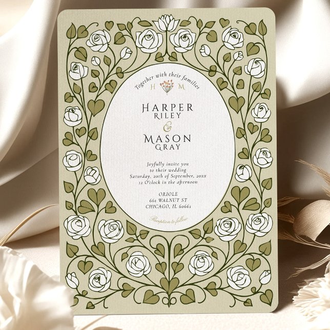 Elegant White Rose and Green Heart Wedding Invitation (Creator Uploaded)