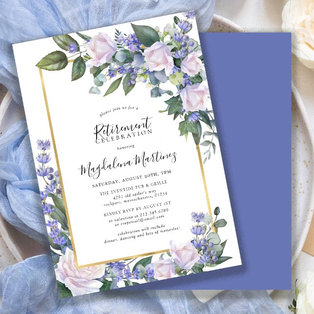 Elegant White Rose Blue Floral Retirement Party Invitation (Creator Uploaded)