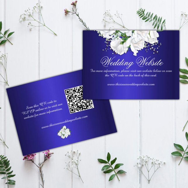 Elegant White Rose Bouquet Blue Wedding Website Enclosure Card (Creator Uploaded)
