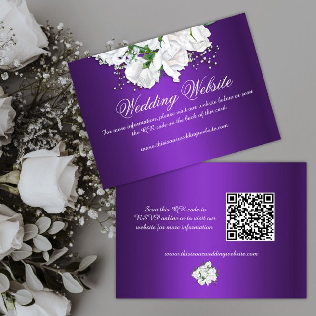 Elegant White Rose Bouquet Purple Wedding Website  Enclosure Card (Creator Uploaded)
