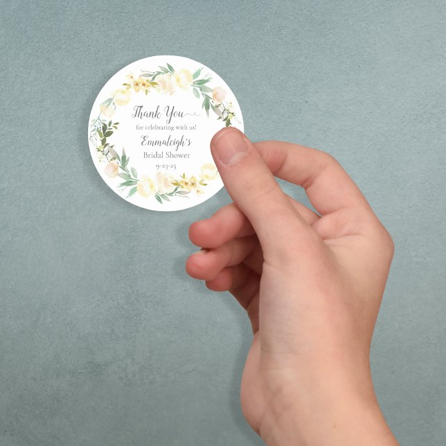 Elegant White Rose Bridal Shower Thank You Classic Round Sticker (Creator Uploaded)