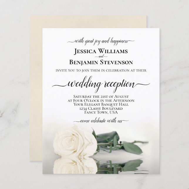 Elegant White Rose BUDGET Wedding Reception Invite (Front/Back)