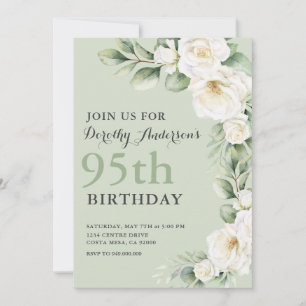 Elegant White Rose Eucalyptus 95th BIrthday Party Invitation