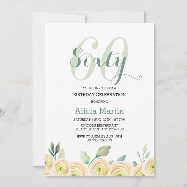 Elegant White Rose Eucalyptus Flora 60th Birthday Invitation (Front)