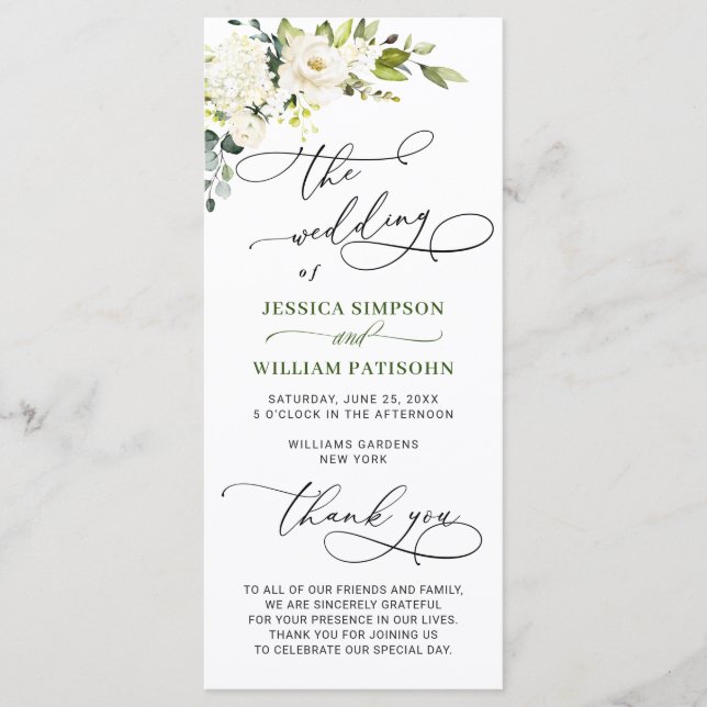 Elegant White Rose Eucalyptus Wedding Ceremony Pro Program (Front)