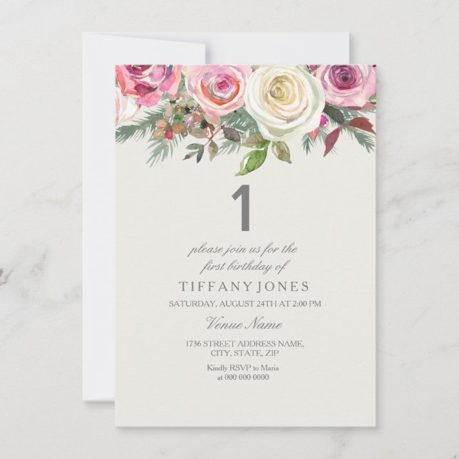 Elegant White Rose Floral 1st Birthday Invite (Front)