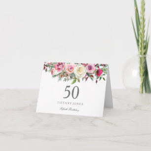 Elegant White Rose Floral 50th Birthday Thank you Card