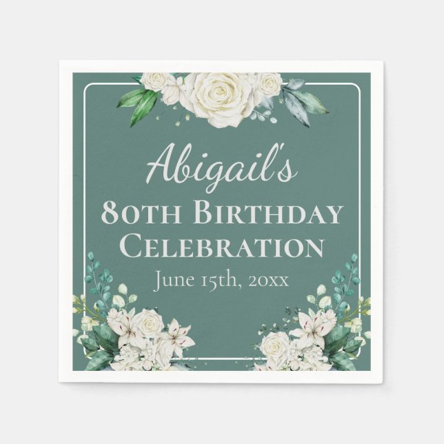 Elegant White Rose Floral 80th Birthday Any Age Napkin (Front)