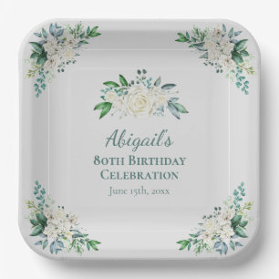 Elegant White Rose Floral 80th Birthday Any Age Paper Plate