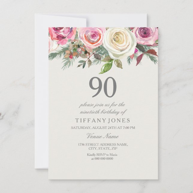 Elegant White Rose Floral 90th Birthday Invite (Front)