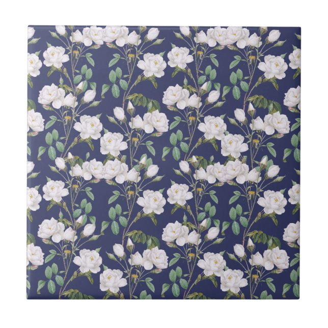 Elegant white rose floral ceramic tile (Front)