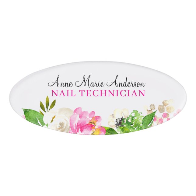 Elegant White Rose Floral Professional Name  Tag (Front)