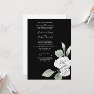 Elegant White Rose Foliage Black Wedding Invitation