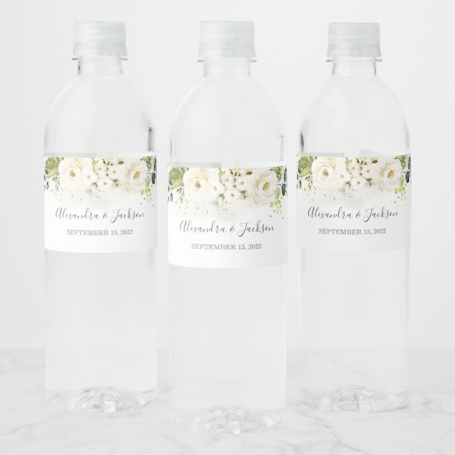 Elegant White Rose & Gold Cursive Wedding Water Bottle Label (Bottles)
