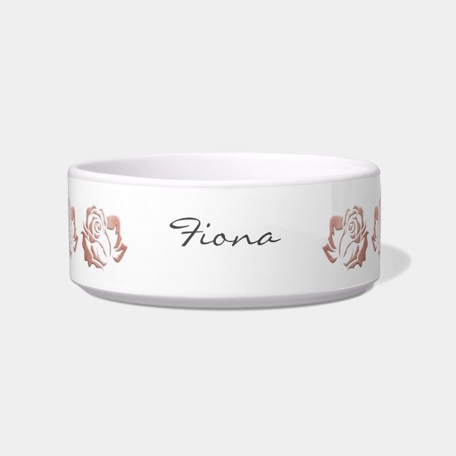 Elegant White Rose Gold Embossed Roses Dog Bowl (Front)