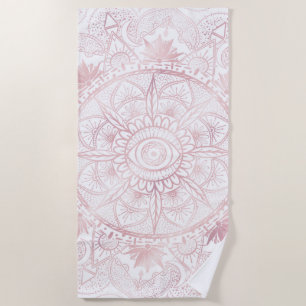Elegant White Rose Gold Eye Sun Moon Mandala Beach Towel