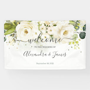 Elegant White Rose & Gold Floral Wedding Banner