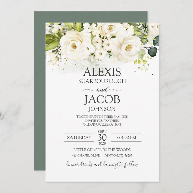 Elegant White Rose & Gold Floral Wedding Invitation (Front/Back)