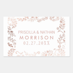 Elegant White Rose Gold Floral Wedding Rectangular Sticker
