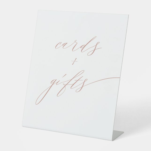 Elegant White Rose Gold Script Cards Gifts Pedestal Sign (Front)