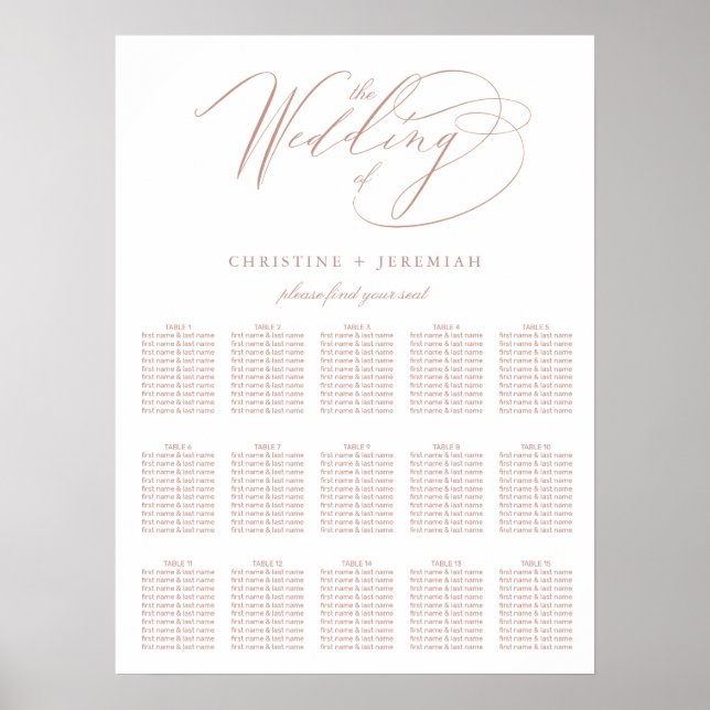 Elegant White Rose Gold Script Wedding Seating Poster (Front)