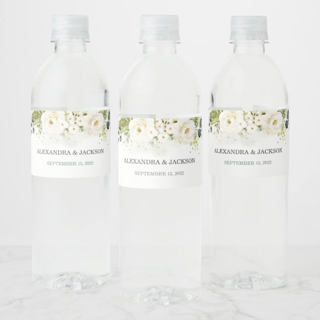 Elegant White Rose & Gold Wedding Water Bottle Label (Bottles)