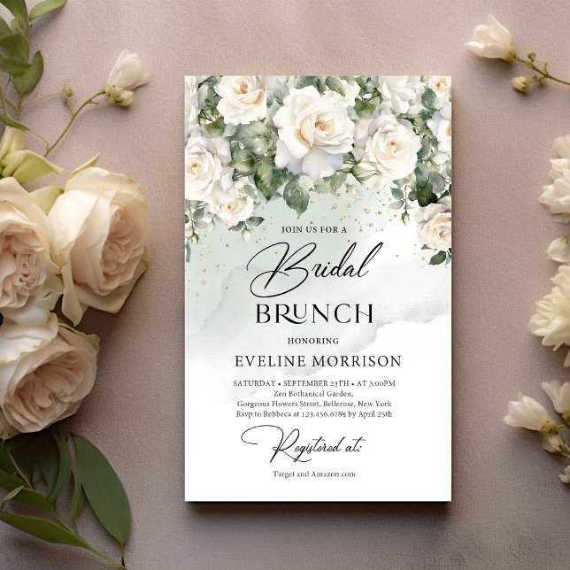 Elegant White Rose Green Bridal Brunch Invitation (Creator Uploaded)