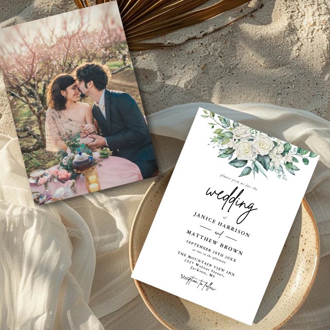  Elegant White Rose Greenery Floral Photo Wedding Invitation (Creator Uploaded)