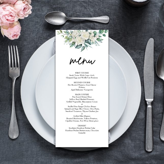 Elegant White Rose Greenery Floral Wedding Menu (Creator Uploaded)