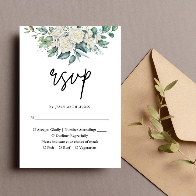 Elegant White Rose Greenery Floral Wedding RSVP Card (Creator Uploaded)