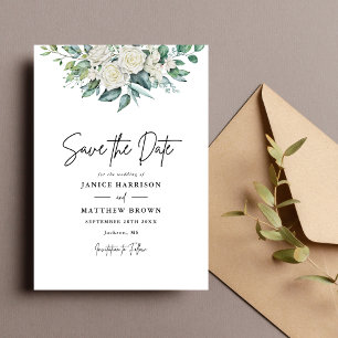 Elegant White Rose Greenery Floral Wedding Save The Date