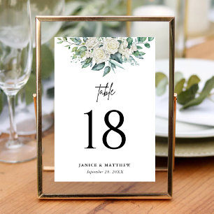 Elegant White Rose Greenery Floral Wedding Table Number