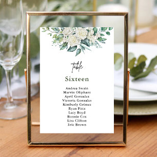 Elegant White Rose Greenery Floral Wedding Table Number