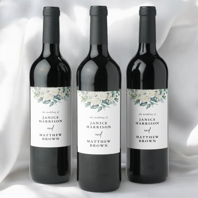 Elegant White Rose Greenery Floral Wedding Wine Label (Creator Uploaded)