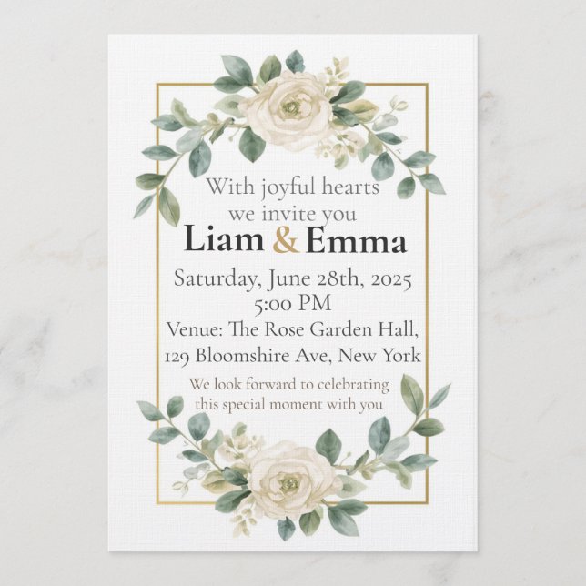 Elegant White Rose Greenery Wedding Invitation (Front)